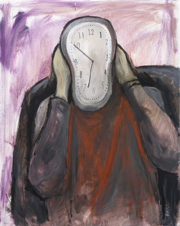 Figure holding head where face is a clock