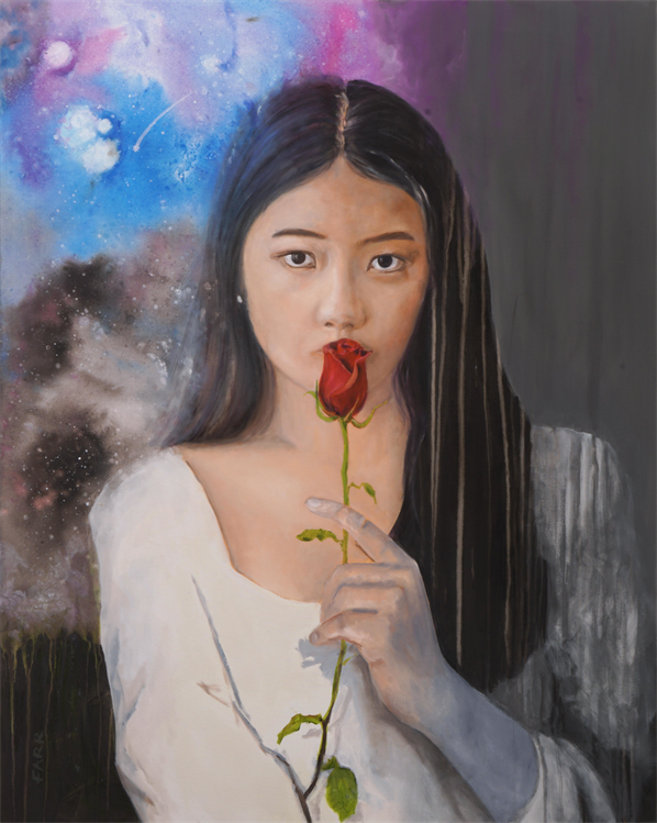 Portrait of figure staring out of picture kissing a rose