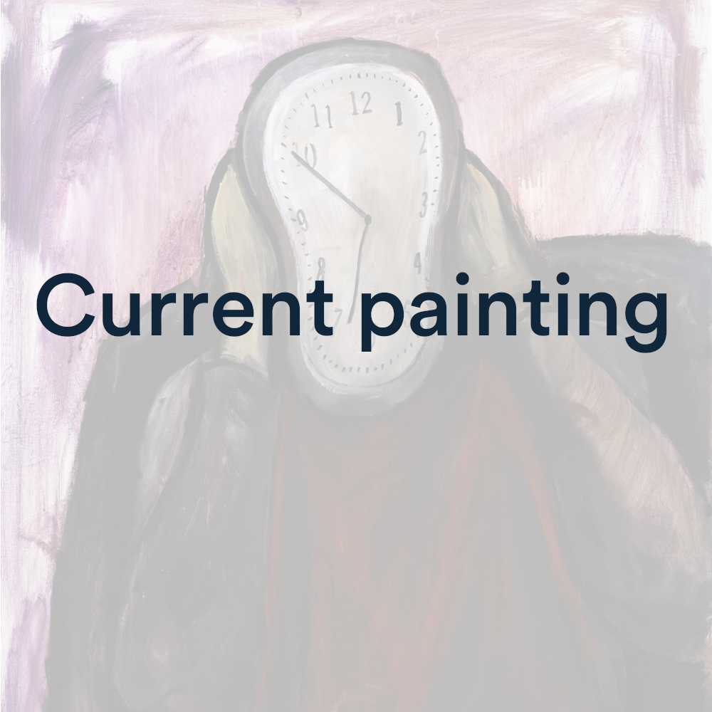 Faded image of figure holding head where face is a clock and the words "Current painting" over the top