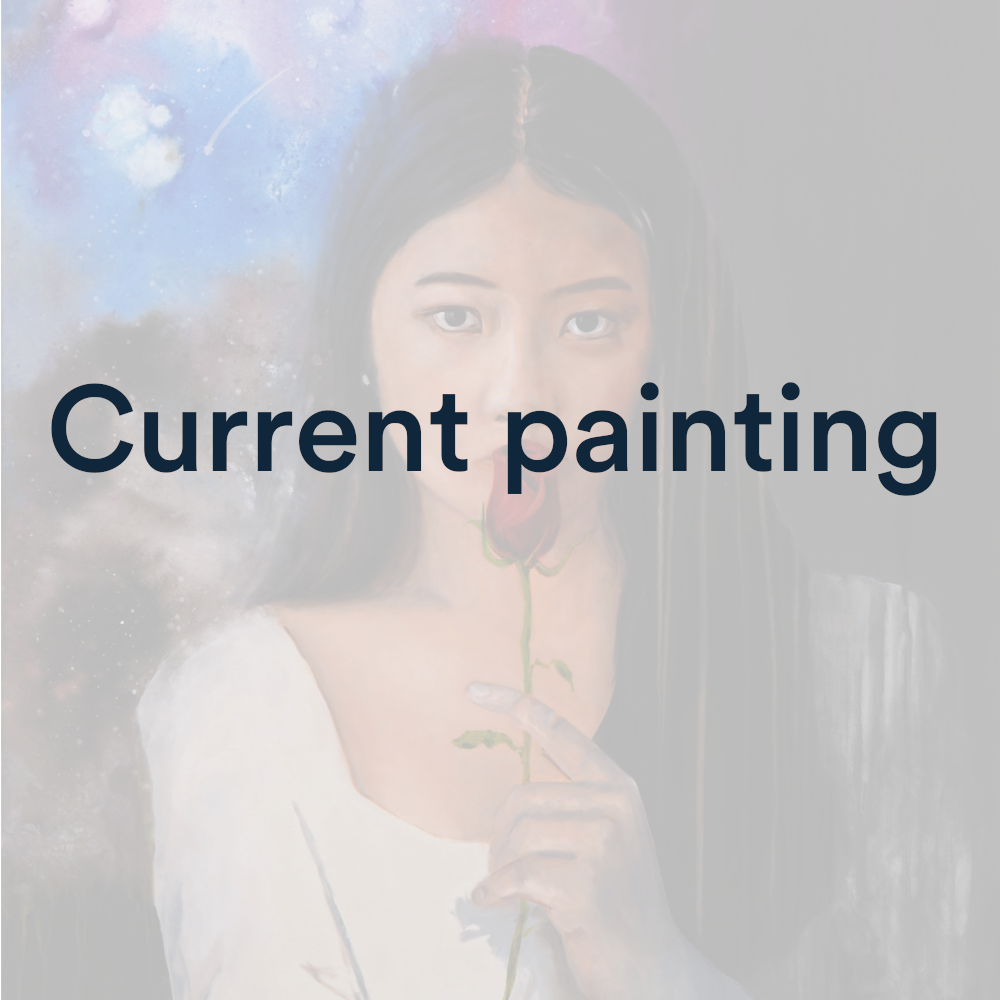 Faded image of figure staring out of picture kissing a rose and the words "Current painting" over the top