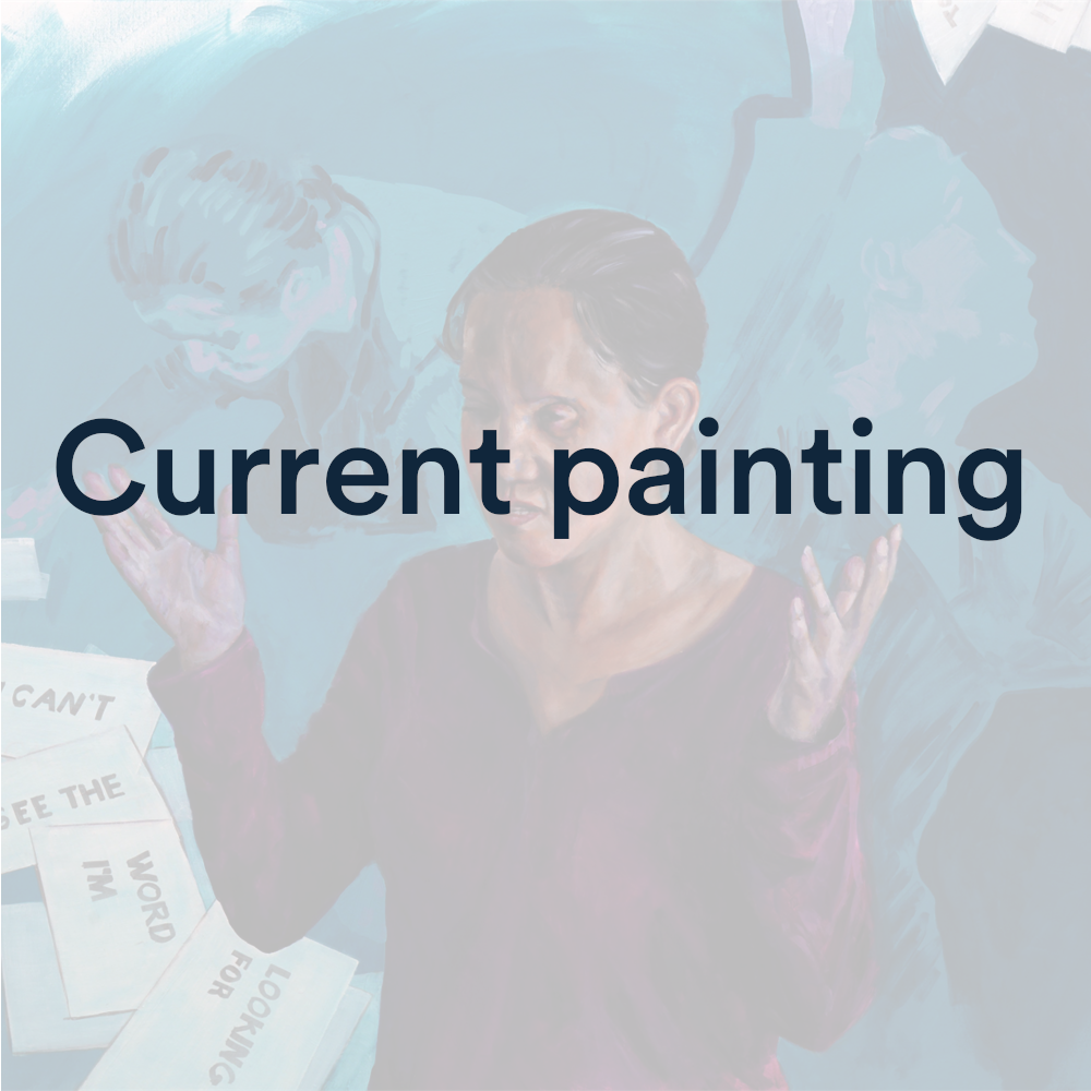 Faded image of figure holding hands up imploringly while in background they search through cards looking for the right words and the words "Current painting" over the top