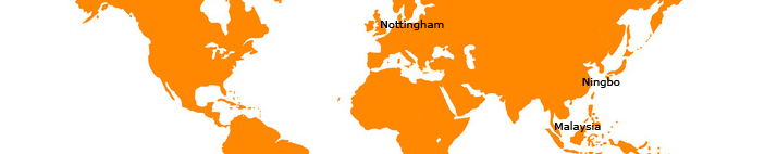 Extract of world map showing Nottingham, Malaysia and Ningbo, China campuses