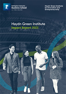 HGI Impact Report - 2023 - front - cover. featuring four people chatting together in the foreground and a blue background which has the Ingenuity Centre building faded into it.