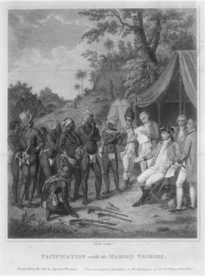A black and white drawing of slaves and traders