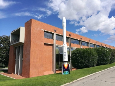 European Space Agency rocket outside a building