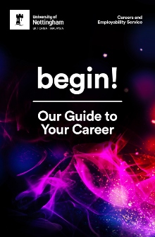 Bacl background with pink splashes of colour with text: begin! Our Guide to Your Career