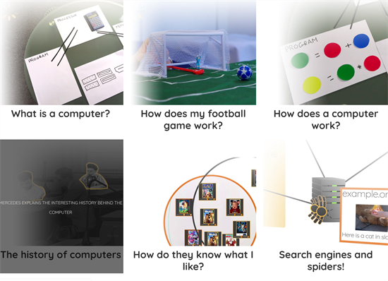 A number of images giving examples of videos. What is a computer? How does my football game work? How does a computer work? The history of computers. How do they know what I like? Search engines and spiders.