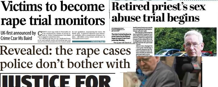 Collage of newspaper headlines relating to rape
