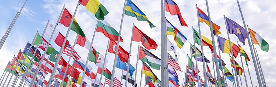 Multiple country flags on poles with blue sky background