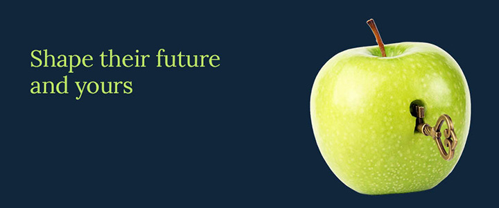Black background with green apple with a keyhole and key unlocking it. Text says 'Shape their future and yours'