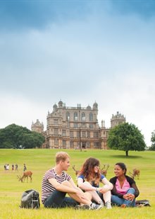 Students sat on grass in front of Wollaton Hall with deer grazing in the background.