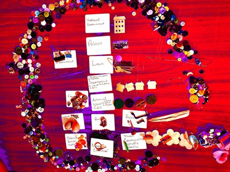 A circle of buttons on a red lit surface with word cards and other objects arranged in the middle.