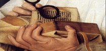Painting of hands holding a book