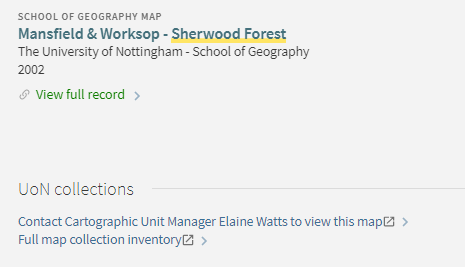 Screenshot of NUsearch map record including link to contact the Cartographic Manager to view the map