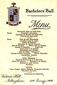 From the University Archives, a menu from the Bachelor's Ball on 15th January 1909, held at the Victoria Hall, Talbot Street, Nottingham