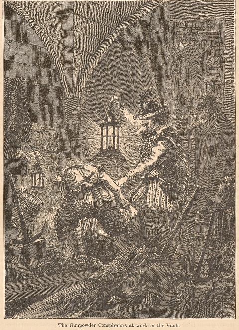 Illustration showing Gunpowder Conspirators at work in the Vaults