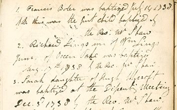 Extract from the earliest copy baptism register from the Old Meeting House, Mansfield, 1738-1739 (OL R 1)