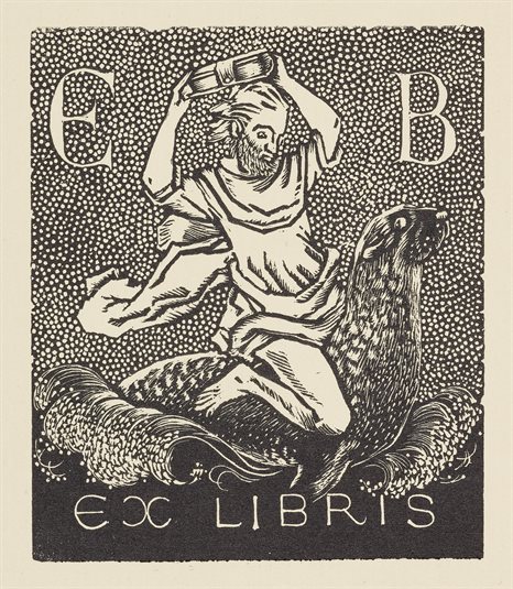 Bookplate depicting the fabled sea crossing of Sæmundur the Learned (1056–1133)