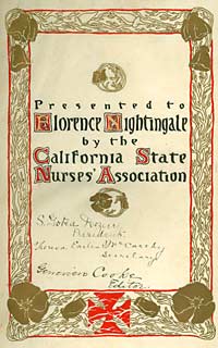 Dedication added to the Nurses' Journal of the Pacific Coast saying 'Presented to Florence Nightingale'