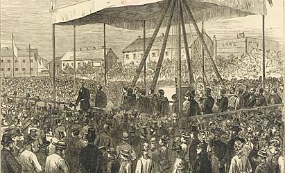Illustration from the Illustrated London News showing Gladstone addressing a crowd at University College Nottingham