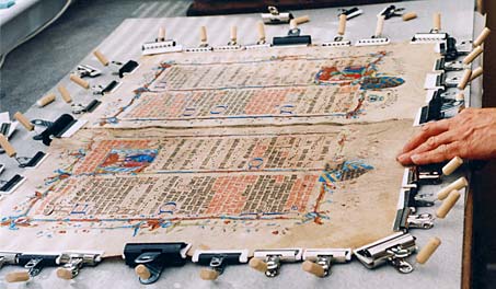 Two pages from the Antiphonal in the process of being conserved