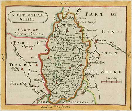 Colour map of Nottinghamshire from the late 18th century