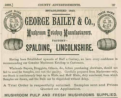 Advert for George Bailey and co, Mushroom Ketchup Manufacturers from Spalding, Lincs