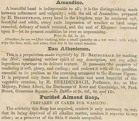 Detail from advert, for Amandine hand cream, Eau Athienne shampoo and Purified Almond Soap