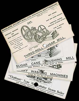Product cards for the Three-roll Sugar Mill, the Sugar Cane Crushing Mill, the Elephant Type Steamer and Rotary Washing Machine