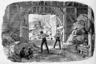Photographic copy of an engraving of a threshing barn, 19th century