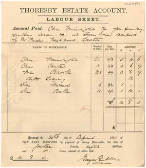 Pre-printed Thoresby Estate labour sheet
