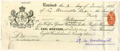 Pre-printed receipt showing Earl Manvers’ crest, 1893