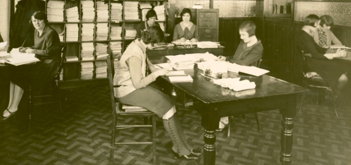 Photograph of the wages office at the Chilprufe Manufacturing Co., Chilprufe Mills, Leicester, 1929