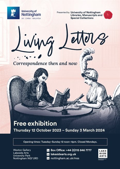 Poster for exhibition showing 19th engraving of a man and a woman sitting at a desk writing letters with quill pens