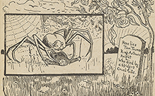 Illustration of Tom Thumb being killed by a spider. From the Briggs Collection, reference pamphlet, PZ6.1.F2 barcode 1005848128
