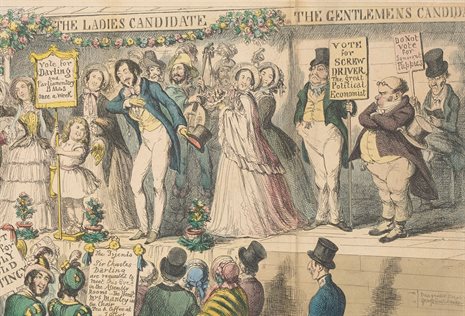 Detail from The rights of women - or the effects of female enfranchisement, by George Cruikshank, 1853. Fagan Collection of Political Prints, Pol P 57