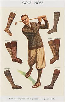 Illustration of a man posing with a golf club, surrounded by pictures of golfing socks.  From a price list for George Brettle & Co. Ltd, hosiery manufacturers.