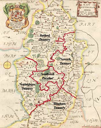 Map of Nottinghamshire showing the deaneries and the Peculiar of Southwell