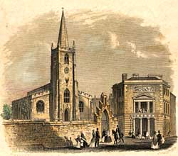Colour illustration of St Peter's Church in Nottingham