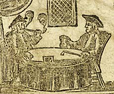 Illustration showing two men drinking beer and smoking pipes in an alehouse, from the 19th century