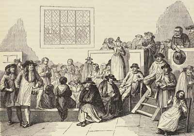 Illustration showing a Quaker speaking at a Friends Meeting in the 17th century