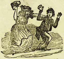 Illustration of a man trying to flee from a drunken woman, from the ballad The Devil's in the Girl
