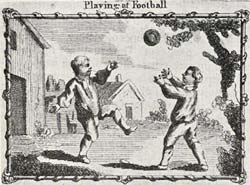 Illustration of two boys playing with a football, published in 1899