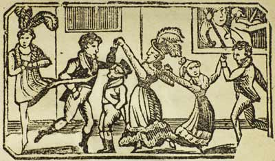 Illustration showing men and women dancing, while two fiddlers provide the music