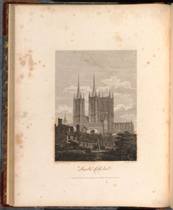 Foxed engraving of Lincoln Cathedral (East Midlands Special Collection, Oversize Lin1.D28 HOW)