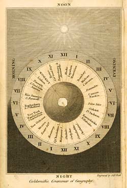 Diagram showing time zones and major cities set around a globe, [1834-1839] (LT 210.G/P4)