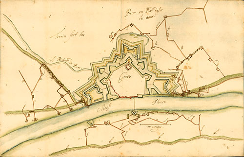 Pw A 2058 - Plan [of Trèves]; n.d. [c. 1675], with letters indicating the position of French troops