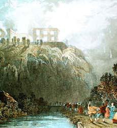 Contemporary illustration of Nottingham Castle in flames, with a jubilant mob celebrating the scene