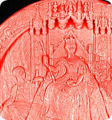 Detail of the Great Seal, a large wax pendant seal, attached to Letters Patent dated 26 November 23 Victoria (1859).