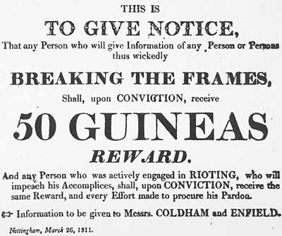 Broadsheet offering a reward for information about luddite activity in Nottinghamshire, dated 26 Mar. 1811